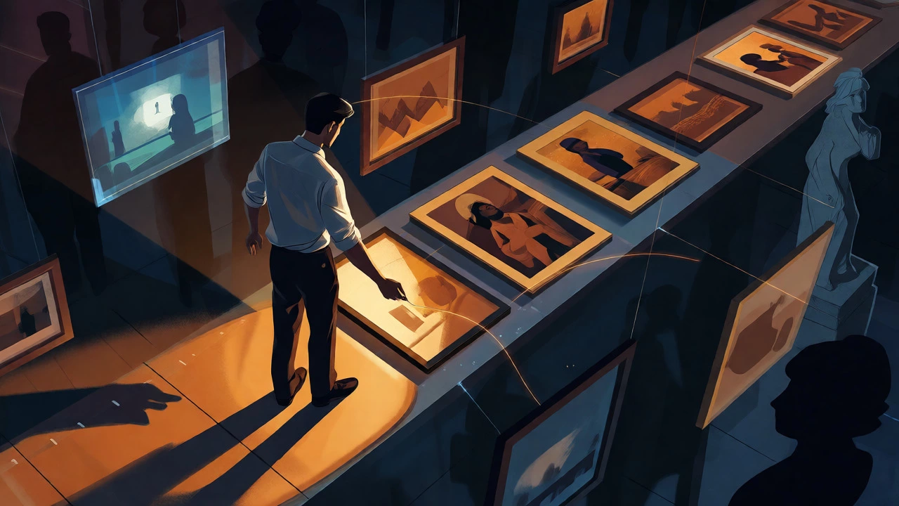 Curator arranging artworks along a conceptual narrative timeline