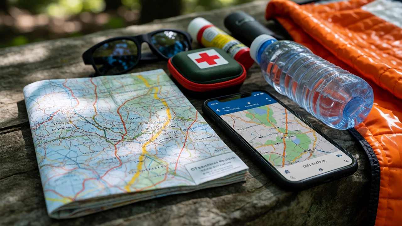 Essential hiking gear including maps, first aid, and water on a wooden surface.