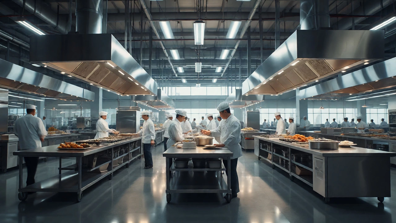 Executive chef managing a large-scale corporate catering operation with staff.