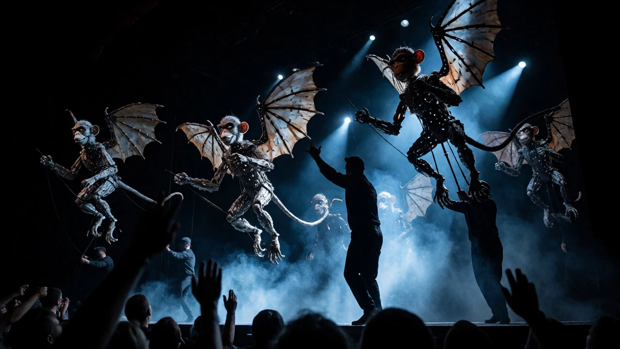 Flying monkey puppets hovering over the stage