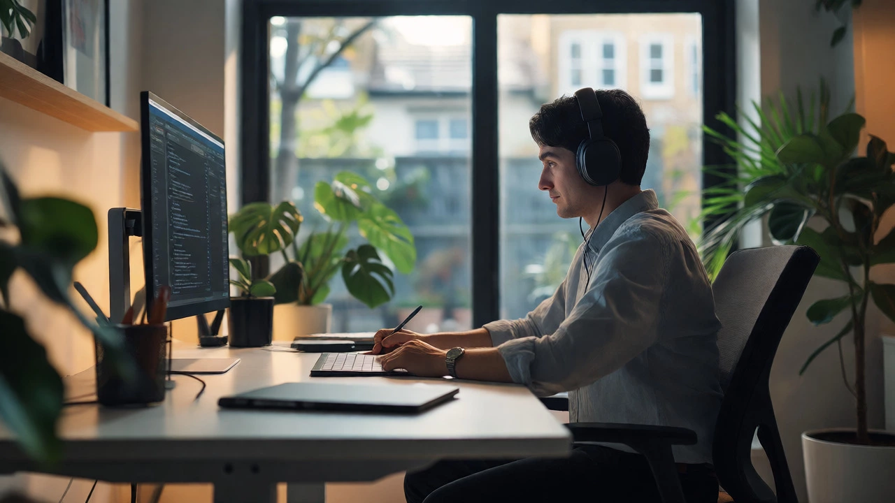 Focused professional working at a tidy home office desk with headphones