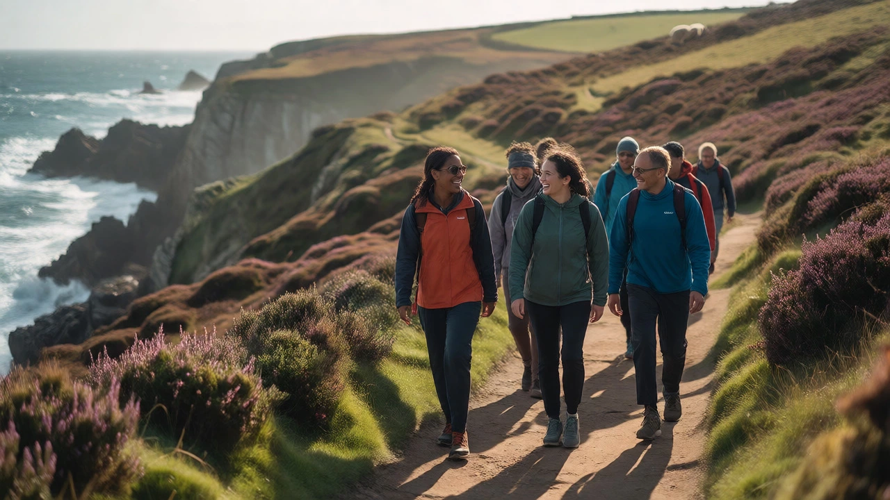 Friends laughing while walking side-by-side on coastal trail