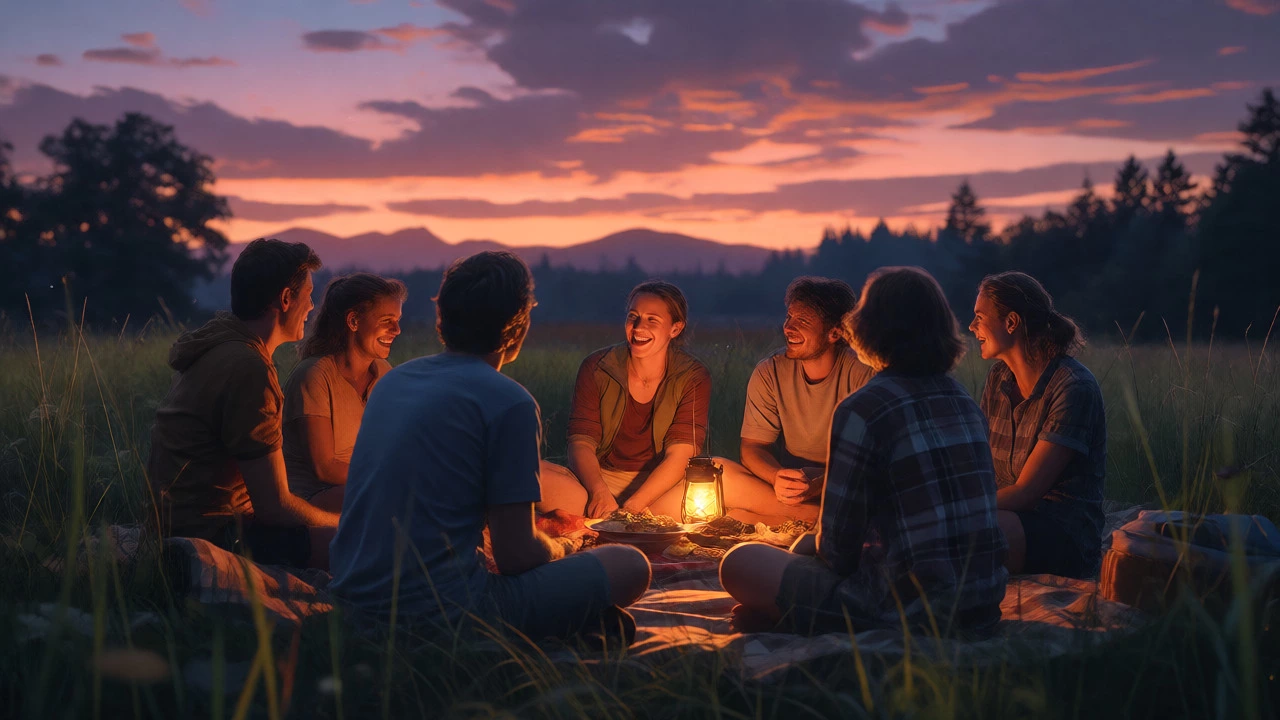 Friends relaxing by fire in meadow at sunset
