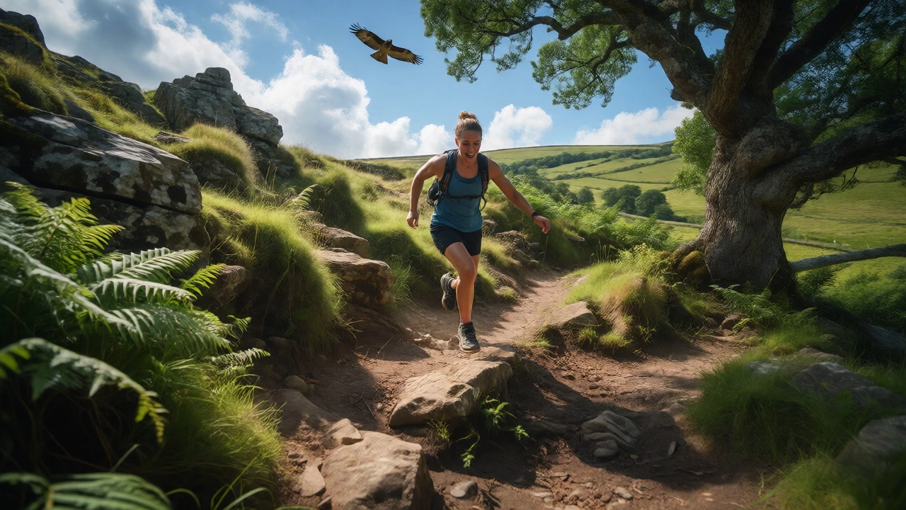 Hiker climbing rocky trail in green countryside under blue sky