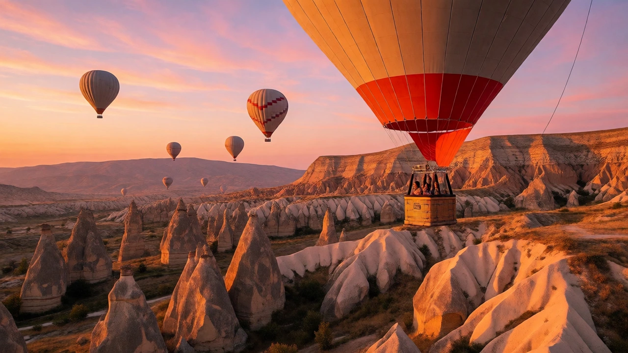 Hot air balloons drifting over Cappadocia's rock formations at sunrise.