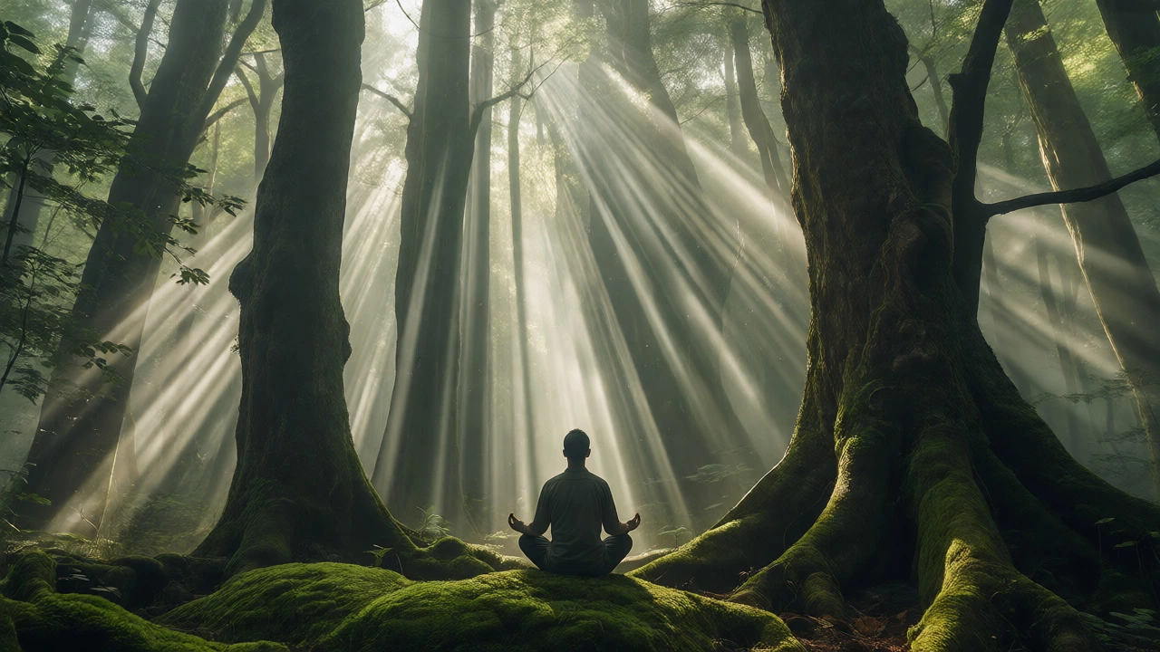 Individual meditating on moss under sunlit forest canopy