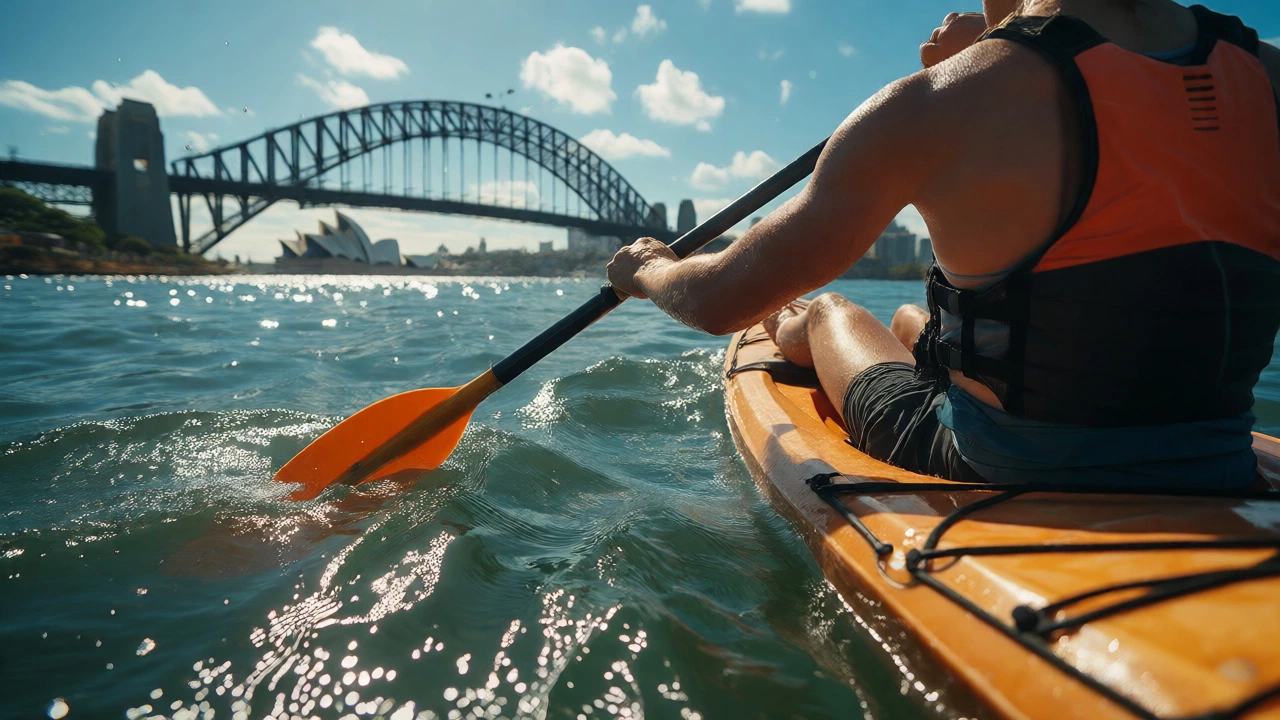 Person actively kayaking on a river with Sydney landmarks blurred in the background.
