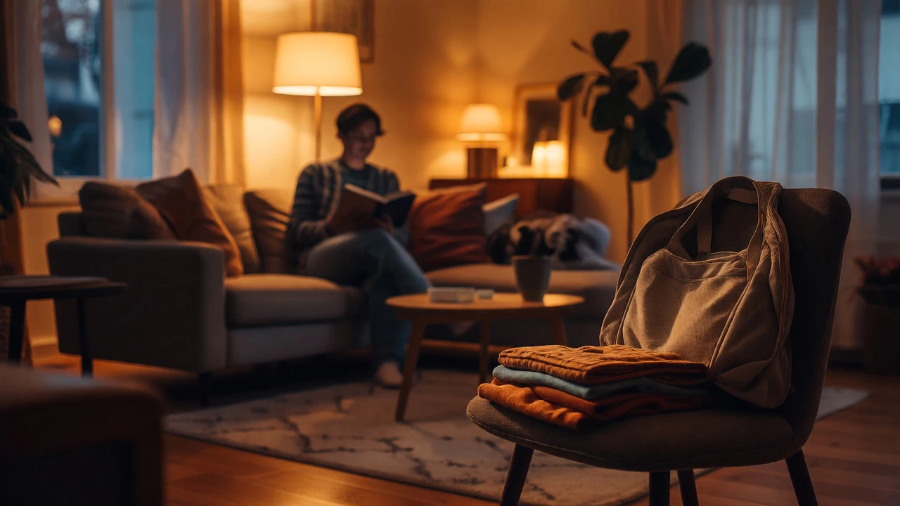Person reading a book in a dimly lit living room preparing for bed