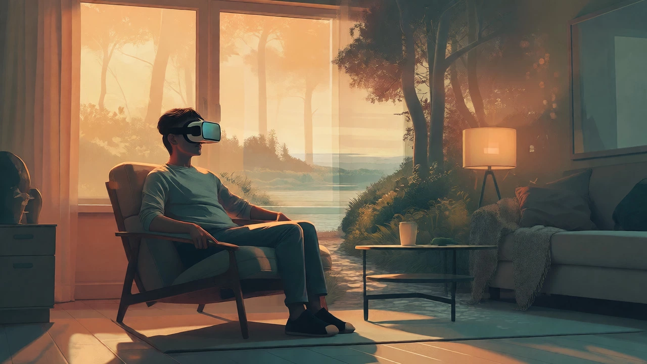 Person using VR for therapy in a calm home setting