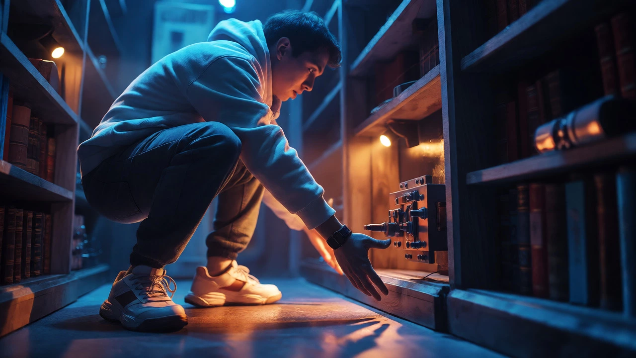 Player crouching to solve a puzzle in a dimly lit escape room