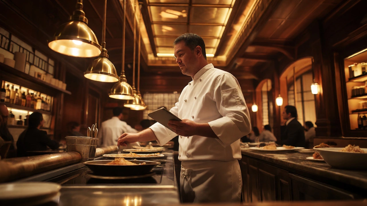 Restaurant owner-chef overseeing service in a warm, upscale dining room.