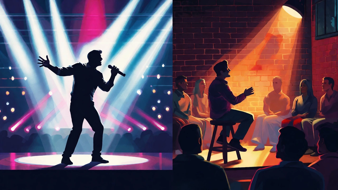 Split view comparing high-energy stadium comedy and intimate club storytelling