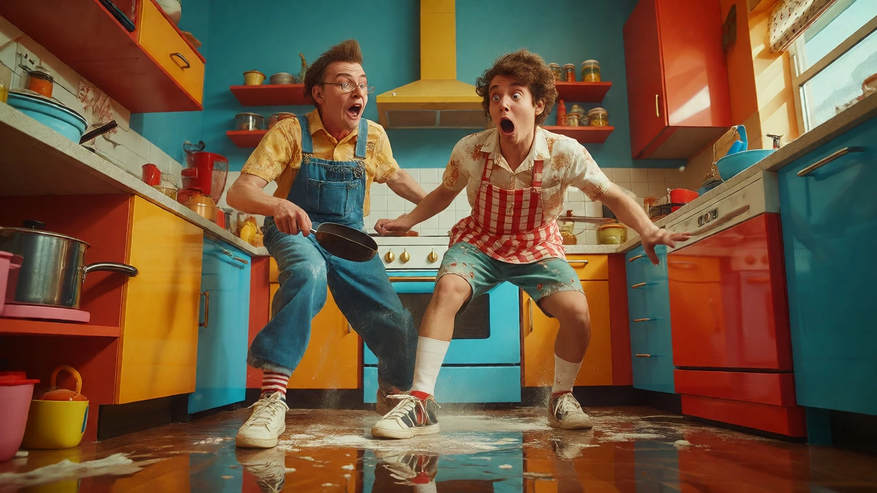 Two people in a chaotic kitchen slip-and-fall scene