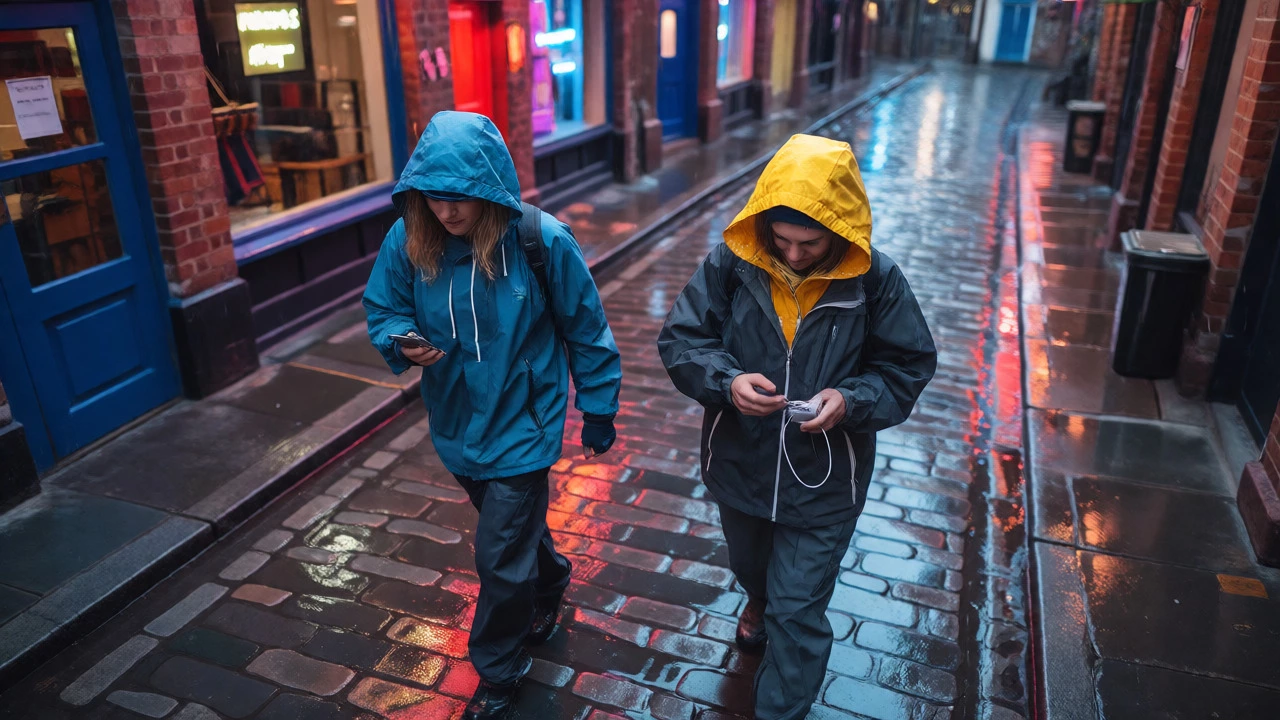 Two people navigating a rainy alleyway for an outdoor escape game